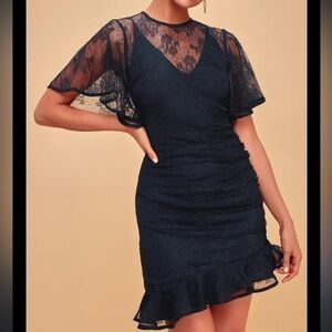 Keepsake The Label Navy Lace Ruched Side Dress Size Medium